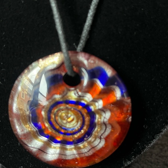 Multi Color Spiral Design Round Glass Pendant on Black Fabric Cord - Picture 2 of 3